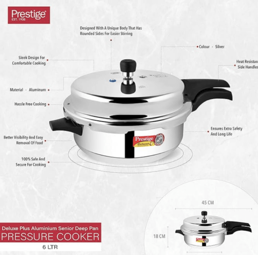 Prestige Deluxe Plus Induction Base Senior Pan Aluminium Outer Lid Pressure Cooker, 6 Litres, Silver - Image 2